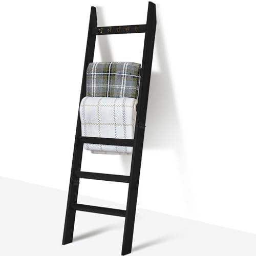 TEAKMAMA 6-Tier Blanket Ladder for Living Room and Bedroom,5.4 Ft Wall Leaning Quilt Rack with Hooks,Rustic Decorative Farmhouse Blanket Storage,Stylish Ladder Holder,Christmas Decorations,Black