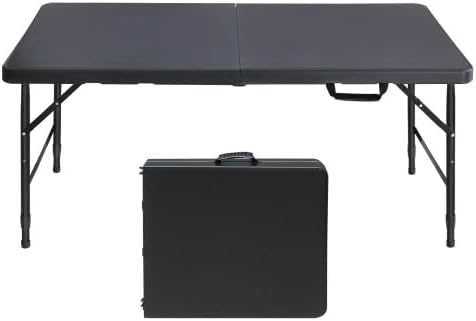 Folding Table 4FT, Portable Heavy Duty Plastic Folding Table with Handle, Waterproof, Easy to Clean, Adjustable Height, Anti-Slip Feet, 300LBS Capacity, Foldable for Indoor Outdoor Use(Black)