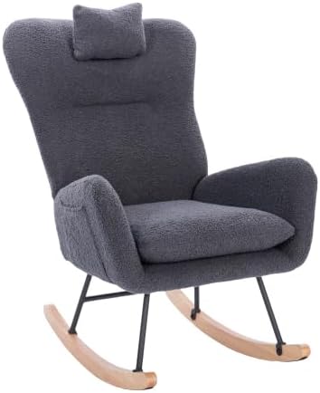 Dark Grey Rocking Chair for Nursery, Steel Frame & Solid Wood Legs Adult Glider, Comfy Teddy Upholstered Accent Armchair for Bedroom Living Room