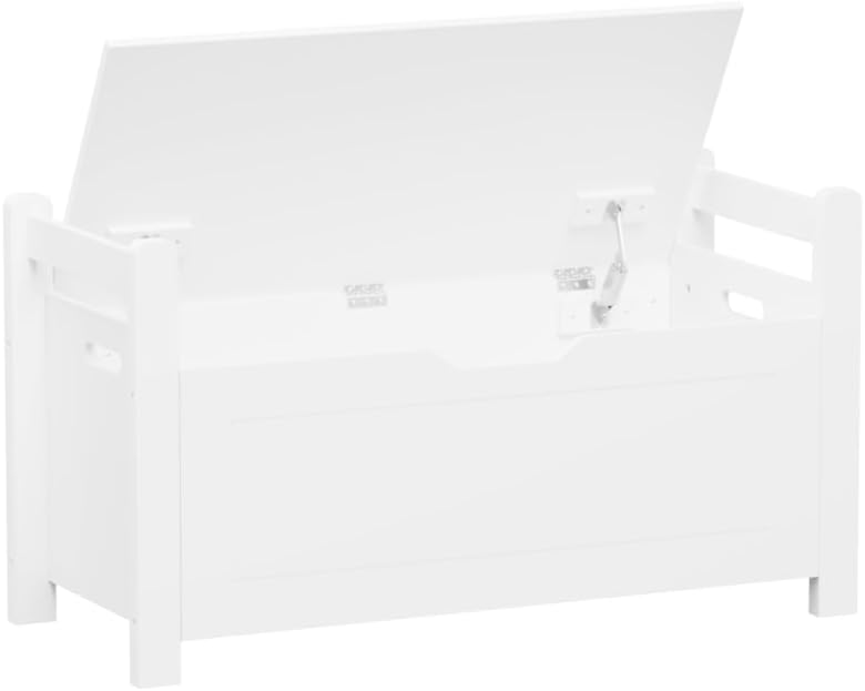Kids Toy Storage Box with Cushion Seat & Flip-Top Lid – White Wooden Toy Chest with Safety Hinge, Large Organizer Trunk for Nursery, Playroom & Bedroom