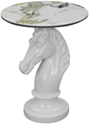 Horse Head Accent Table with Faux Marble Top, Modern Animal Sculpture End Table, Resin Decorative Side Table for Living Room Bedroom Office, Luxury White Statement Furniture
