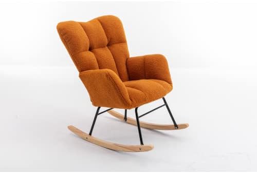 Rocking Chair, Upholstered Teddy Fabric Glider Chair with Thick Cushion, Lounge Accent Armchair with High Backrest, Accent Rocking Chairs for Living Room, Bedroom, Orange