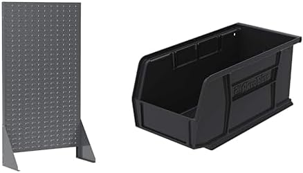 Akro-Mils 36"x13"x66" Louvered Steel Single Sided Floor Rack Organizer with 12-Pack of 11 x5 x5 AkroBins Stackable Plastic Storage Bins (Black), Organization Bundle for Garage, Workshop, Classroom