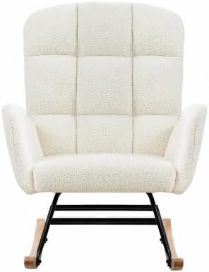 Teddy Rocking Chair, Upholstered Nursery Glider with High Back, Comfy Accent Armchair for Living Room Bedroom, Metal Frame & Solid Wood Legs, 250Lbs Capacity, Cream White