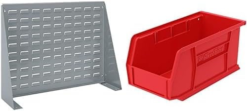 Akro-Mils 28"x8"x20" Steel Louvered Panel Work Bench Storage Rack with 12-Pack of 11 x5 x5 AkroBins Stackable Plastic Storage Bins (Red), Organization Bundle for Garage, Workshop, Classroom