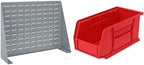 Akro-Mils 28"x8"x20" Steel Louvered Panel Work Bench Storage Rack with 12-Pack of 11 x5 x5 AkroBins Stackable Plastic Storage Bins (Red), Organization Bundle for Garage, Workshop, Classroom