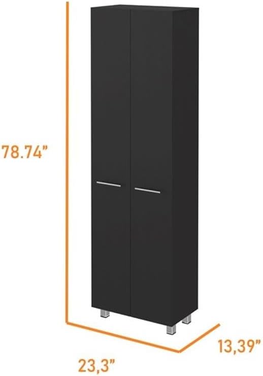 Pemberly Row 79" H Engineered Wood Double Door Pantry Cabinet, Black Finish, 23.3" W x 14.5" D x 78.7" H, 5 Interior Shelves, Metal Handles, Sleek Modern Storage for Kitchen or Home Organization
