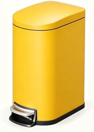 2.6 Gal / 10 L Metal Bathroom Trash Can with Lid, Slim Step-On Garbage Can with Soft Close Lid, Stainless Steel Waterproof Trash Bin for Bedroom with Inner Bucket, Rear Handle, Yellow