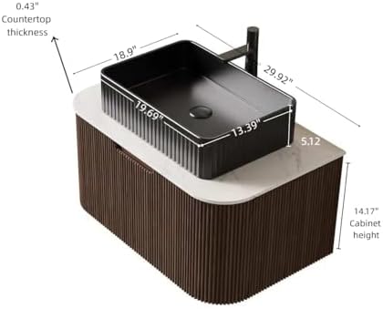 30'' Bathroom Vanities Cabinet with Sink, Wall Mounted Floating Cabinet W/Curved Edges Stripes, Oak Plywood, Soft-Close System with a Drawer, Black Rectangular Ceramic Basin - Kiel, Dark Walnut/B
