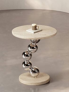 Modern Travertine Side Table, Natural Travertine Stone Top with Chrome Sphere Pedestal Base