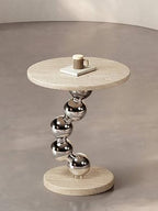 Modern Travertine Side Table, Natural Travertine Stone Top with Chrome Sphere Pedestal Base