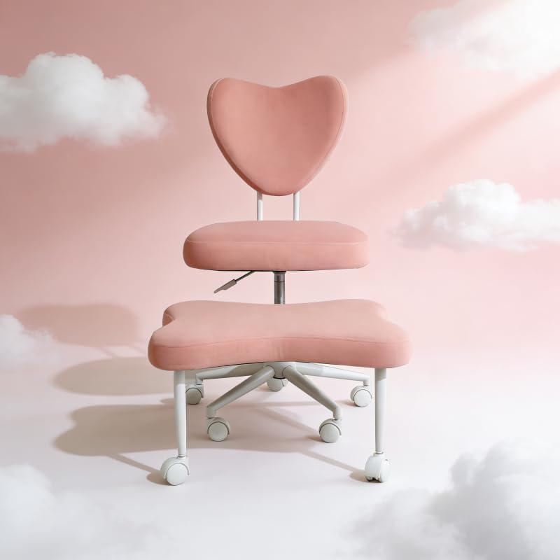 Pink Ergonomic Meditation Chair - Cross-Legged Seating with Lumbar Support, Height-Adjustable Seat Cushion, 360° Rotating Casters for Office Work, Study & Meditation