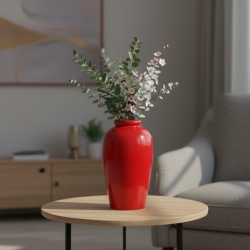 Red Ceramic Vase for Home Decor - 11 Inch Tall Modern Decorative Vase for Centerpieces, Boho Flower Vase for Pampas Grass, Christmas, Living Room, Kitchen, Fireplace, Entryway, Shelf Decor