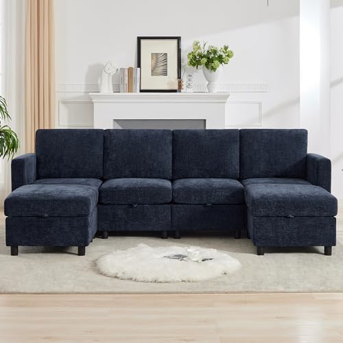 WUTUTUEE 25'' Square Storage Ottoman Module for Modular Sectional Sofa, Living Room Coffee Table Sectional Ottoman Footrest for Convertible Couch, Chenille Navy