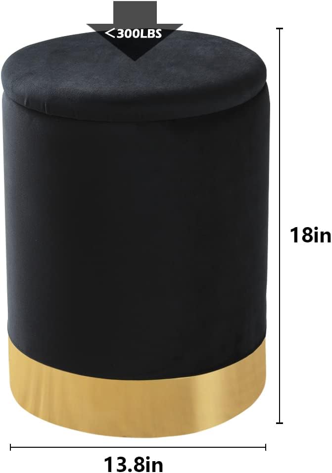 Velvet Storage Ottoman Multipurpose Footrest Stool with Metal Base Modern Round Vanity Stool Chair Ottoman Foot Stools Support 300 lbs Padded Seat for Living Room (Black (Velvet))