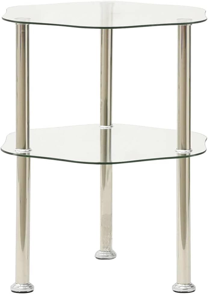 Modern 2-Tier Tempered Glass Side Table with Stainless Steel Frame, Transparent Accent End Table for Living Room, Sofa, or Telephone Stand