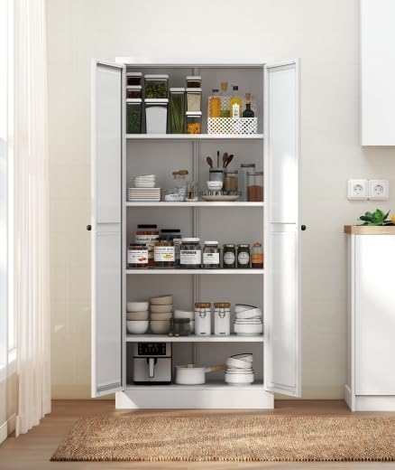 61" Kitchen Pantry Cabinet with 4 Adjustable Shelves - Heavy Duty Freestanding Storage Cabinet for Kitchen, Pantry & Living Room - Tool-Free Assembly, Durable Metal Frame, Space-Saving Design(White)