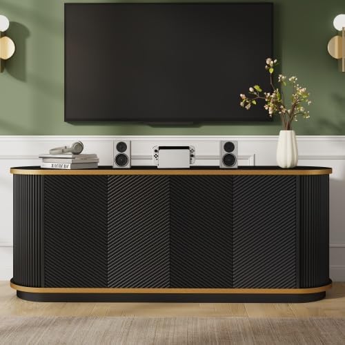 63" Modern Sideboard Buffet Cabinet, Console Table with 4 Doors & Storage, Faux Marble Top & Gold Trim, Multifunctional TV Stand for Living Room or Dining Room, Black