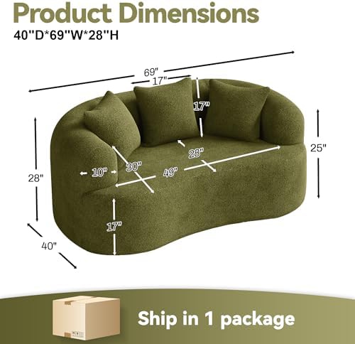 69" Curved Loveseat Sofa for Living Room, Modern Chenille Love Seat Cloud Couch, Luxury Plush Extra Deep Oversized Sofa for Small Spaces, Bedroom, Apartment‌, No Assembly Required, Green