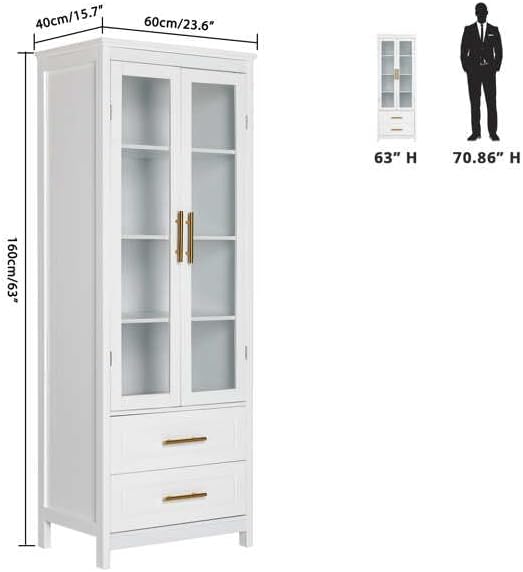 White Kitchen Pantry, 63" Tall Display Cabinet Storage, Pantry Cabinets, Tall Bathroom Floor Storage Cabinet, Bathroom Shelf with 2 Glass Doors, Cupboard, Floor Cabinets Storage Organizer