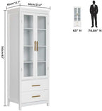 White Kitchen Pantry, 63" Tall Display Cabinet Storage, Pantry Cabinets, Tall Bathroom Floor Storage Cabinet, Bathroom Shelf with 2 Glass Doors, Cupboard, Floor Cabinets Storage Organizer