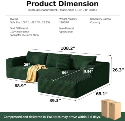 MoonSpeak 107" Sectional Boneless Couches for Living Room.Deep Seat Corduroy L Shaped Modular Sofa.Cloud Sectional Sofa.Upholstered Couches with Oversized Chaise(Green,Right Chaise)