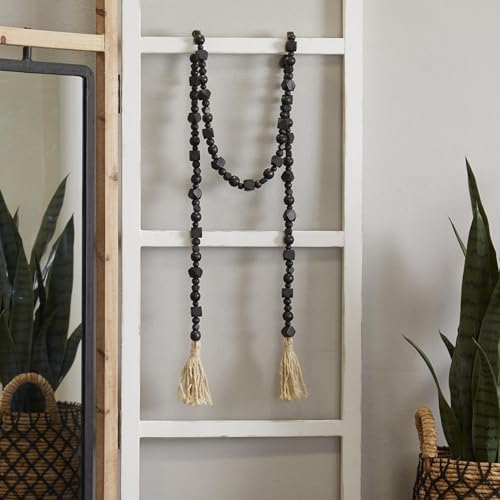 Deco 79 Wood Geometric Handmade Beaded Garland with Tassel, 1" x 1" x 80", Black
