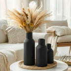 Black Ceramic Flower Vases Set of 3, Modern Matte Vertical Ribbed, Nordic Minimalist Decor for Pampas Grass, Dried & Fresh Flowers, Centerpiece for Living Room, Shelf, Entryway, Wedding