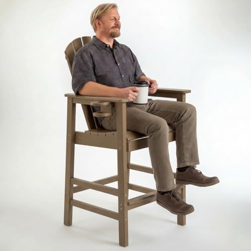 WILLIAMSPACE Patio Bar Chair Bar Stool, Outdoor All Weather HDPE Height Adirondack Chair with Armrests & Cup Holder, 1-Piece Counter Height Chair for Pool, Garden, Kitchen, ONLY 1 Chair (Brown)