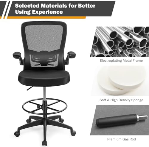 Giantex Drafting Chair High Back Office Chairs with Footrest Ring Flip-Up Armrest Height Adjustable Executive Desk Chair Ergonomic Mesh Computer Task Chair Lumbar Support Tall Office Chair (1, Black)