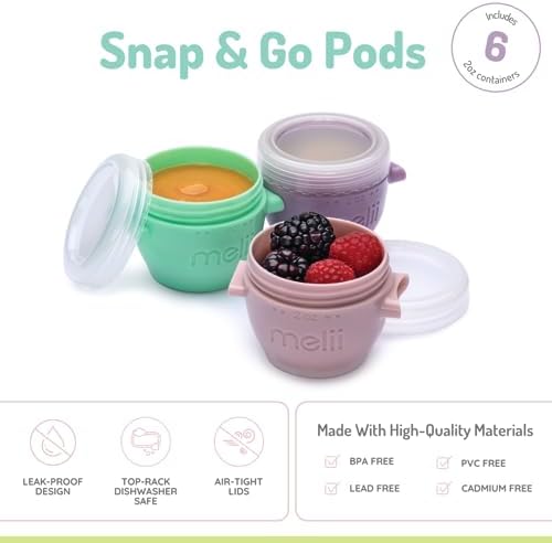 melii Snap & Go Baby Food Storage Containers | 6 Pack 2 oz, Stackable Snack Containers with Airtight Lids, BPA-Free, Reusable Cups for Purees, Meal Prep & On-the-Go
