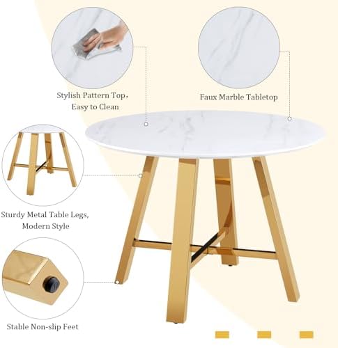 Round Dining Table Set for 4, Modern Kitchen Table and Chairs Set for 4 Marble Dining Set Reception Table Set Upholstered Chair for Dining Room (White-G501, 42 inch White Table Set)
