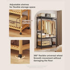 Wooden Clothes Rack with Shelves, Free Standing Bamboo Wardrobe on Wheels, Open Wardrobes for Bedroom, Versatile Garment Rail, Stylish Storage Solution
