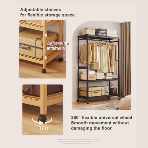 Free Standing Wooden Clothes Rack with Shelves - Bamboo Wardrobe on Wheels, Open Wardrobe for Bedroom, Garment Rack with Storage Shelf - Stylish & Functional