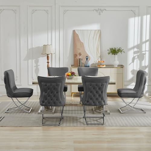 LOULENS Elegance Velvet Dining Chairs Set of 2, Luxurious Upholstered Tufted Dining Room Chairs, Glam Royal Velvet Accent Chairs with Stainless Steel Legs, Dark Gray