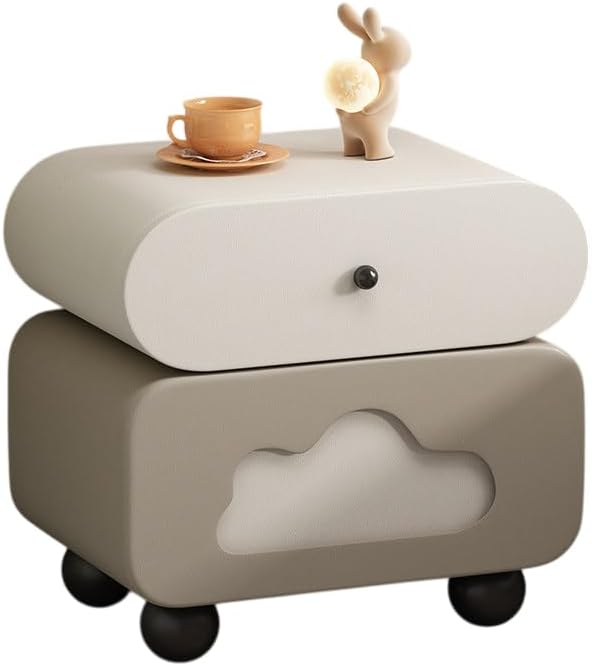 Modern Wooden Nightstand with Drawer Cute Bedside Table, Faux Leather Top Small Storage Cabinet, Contemporary Kids Bedroom Side Table (Gray)