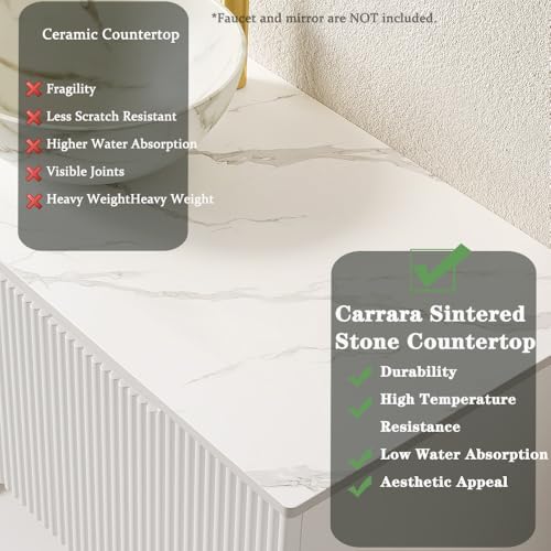 48" Bathroom Vanity with Vessel Sink & 3 Soft-Closing Doors & Open Shelf, Freestanding Bathroom Cabinet with Ceramic Basin and Carrara White Sintered Stone Counter Top-Colmar, White/S