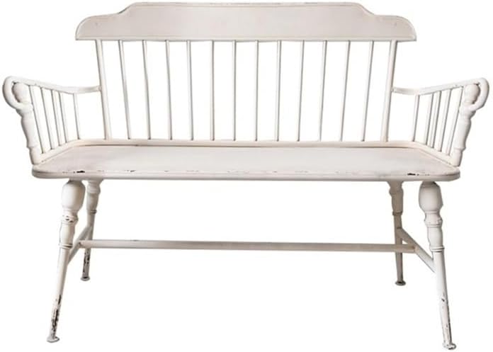 Outdoor Bench, Rustic Shabby White Outdoor Bench with Backrest, 47.2" Retro Iron Garden Bench, 2 People Leisure Seats for Park Patio Yard Porth Garden Bench