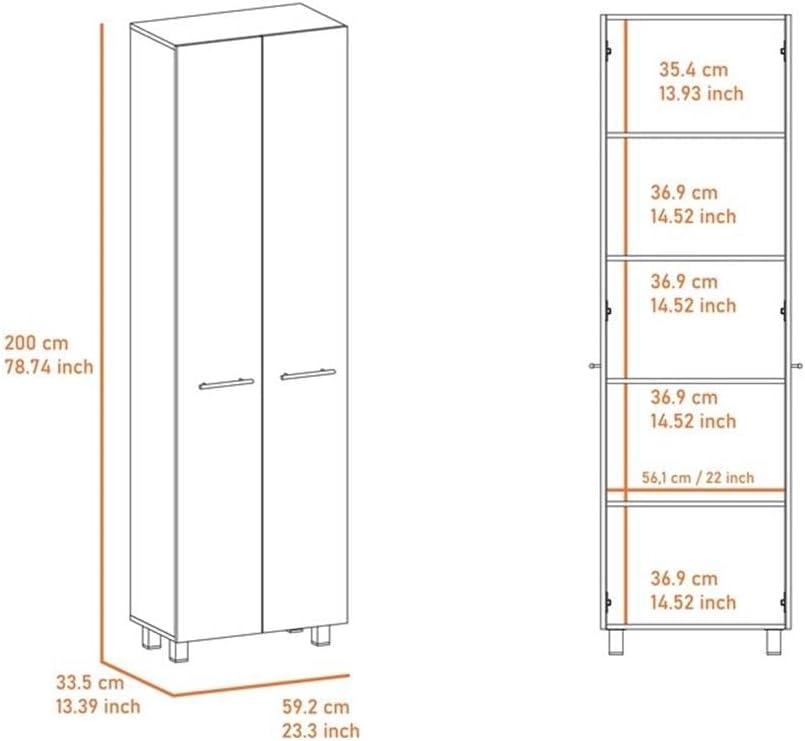 Pemberly Row 79" H Engineered Wood Double Door Pantry Cabinet, Black Finish, 23.3" W x 14.5" D x 78.7" H, 5 Interior Shelves, Metal Handles, Sleek Modern Storage for Kitchen or Home Organization