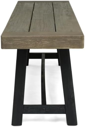 Outdoor Acacia Wood Bench, Sandblast Gray Finish and Black