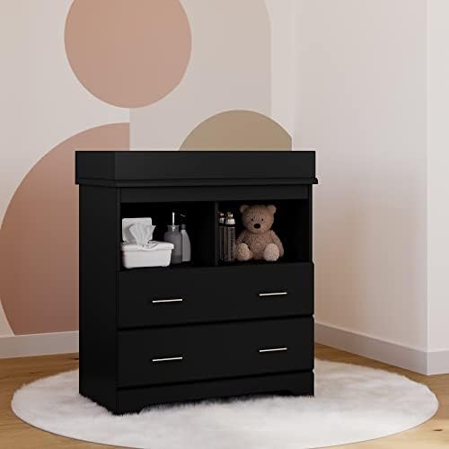 Storkcraft Brookside 2 Drawer Changing Table Dresser, Black | GREENGUARD Gold Certified Baby Dresser with Removable Changing Table Topper, Includes Interlocking Drawer System