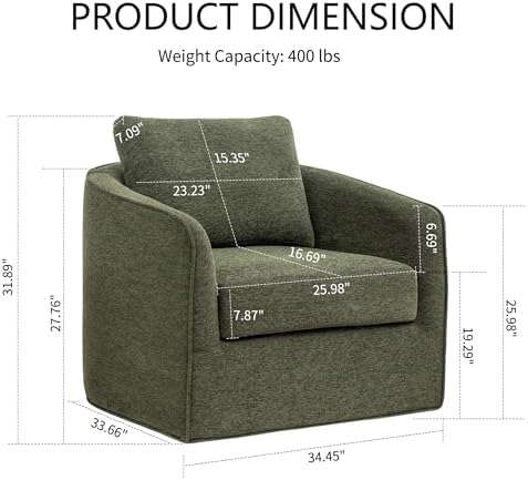 MINCETA Swivel Accent Chairs, Oversized Swivel Barrel Chair with High Density Foam, Linen Fabric Reading Chairs, Upholstered Armchair for Living Room, Bedroom, No Assembly, Green