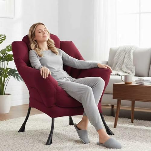 Lazy Chair for Living Room, Modern Soft Reading Chair Accent Contemporary Sofa Chair with Armrests and a Side Pocket for Bedroom, Dorm & Office, Burgundy