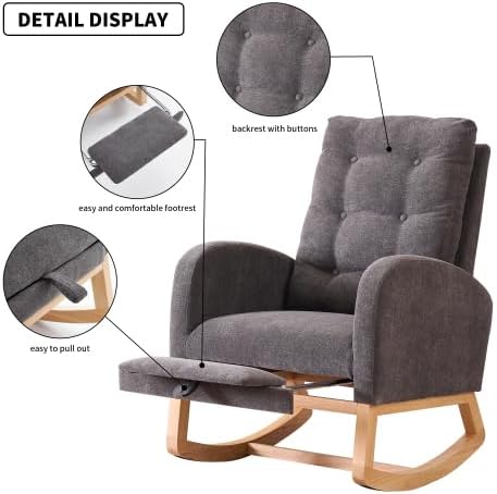 Grey Accent Rocking Chairs, Comfortable Living Room Nursery Glider with Ottoman, High Back Rubber Wood Frame for Bedroom Relaxation, Armchair with Side Pocket