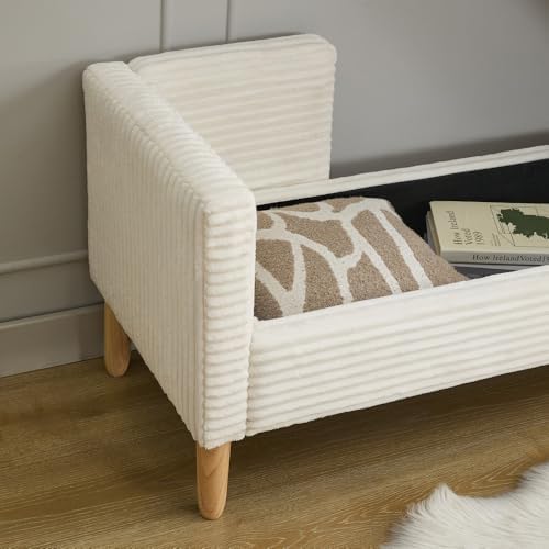 Corduroy Storage Soft Bench - Armrests, Backrest & 2 Bolster Pillows for Living Room Entryway Bedroom (65.35", Ivory)
