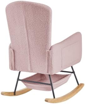 Pink Teddy Glider Rocker, Comfy Upholstered Nursery Rocking Chair with High Backrest, Modern Accent Armchair for Bedroom Living Room, Wood Legs & Steel Frame
