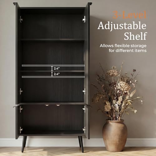 Pantry Cabinet with 4 Doors, 51.2" H Freestanding Bathroom Storage Cabinet, Adjustable Shelf & Raised Legs for Bathroom, Kitchen, Living Room, Black