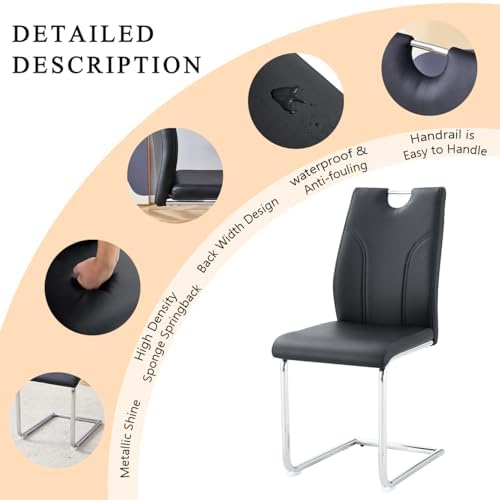 FURNITO Modern Dining Chairs Set of 6, Black Dining Chairs with Thick Cushions, Faux Leather Kitchen & Dining Room Chairs with Backrest and Sliver Metal Legs for Dining Living Room, Easy to Assemble
