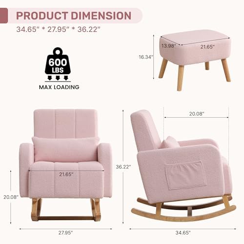 HCHAIRH Rocking Chair with Ottoman, Upholstered Glider Rocker Armchair with High Backrest and Side Pocket, Comfy Reading Chair with Solid Wood Legs for Nursery, Living Room,Bedroom, Pink