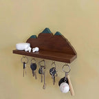 Wooden Mountain Key Holder with Shelf, Rustic Wall Mounted Key Rack, Decorative Entryway Organizer with 5 Hooks, Natural Wood Home Decor for Entryway Bedroom Kitchen